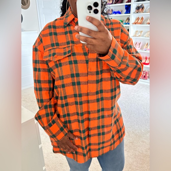 PrettyLittleThing Tops - Pretty Little Thing - Orange & Green Plaid Oversized Button Up Shirt - SZ 8 (M)